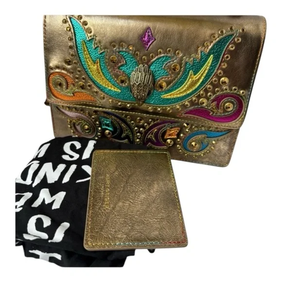 Kurt Geiger NWT Bronze Shoreditch Western Rhinestones Embroidered Metallic - Picture 4 of 12